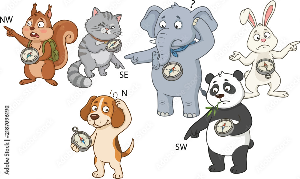 Obraz premium A collection of cute cartoon animals holding compasses and pointing in different directions.