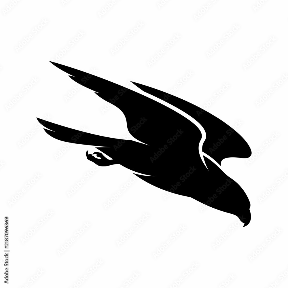 Obraz premium Minimalist black silhouette of a falcon bird in flight, vector graphic design illustration