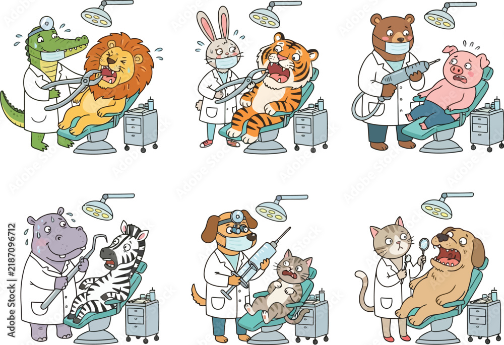 Fototapeta premium A collection of cartoon animals acting as dentists treating other animals in a clinic setting.