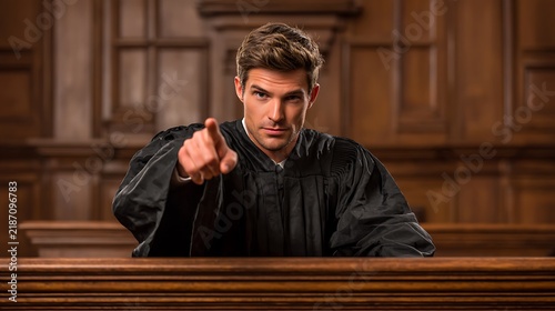 Lawyer Pointing In Courtroom With Wooden Background – Dramatic Legal Justice Concept For Law And Trial