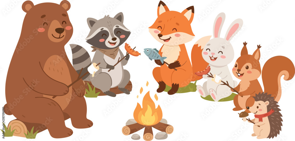 Naklejka premium Group of cute forest animals sitting around a campfire roasting food.