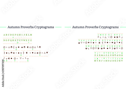 Photography Autumn proverbs cryptograms with letters and symbols on a white background