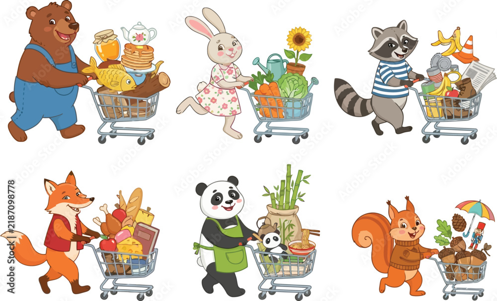 Obraz premium A collection of cute cartoon animals pushing shopping carts filled with various groceries and items.