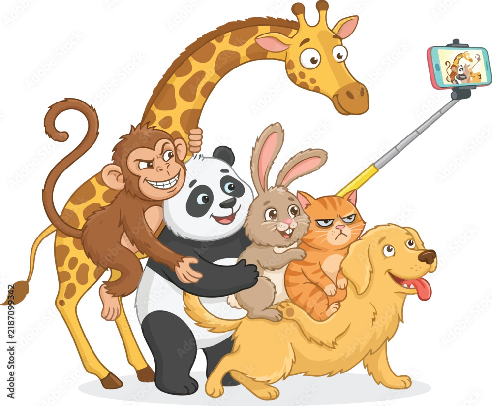 Obraz premium A group of diverse cartoon animals taking a group selfie together.
