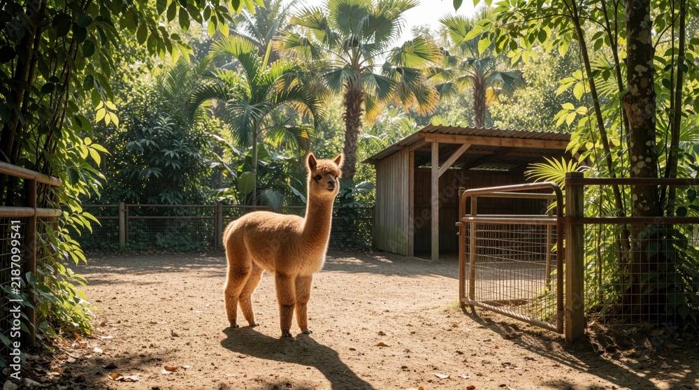 Fototapeta premium A light brown alpaca stands in a sunny outdoor enclosure. Rich green trees and palm fronds surround the animal pen. A rustic shelter and metal fence are visible in the background.
