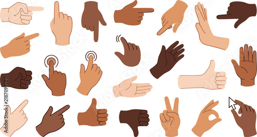 Diverse Hand Gesture Icon Set Showing Pointing, Thumbs Up, Thumbs Down, Peace Sign, Touching, Waving, and Interactive Communication Gestures