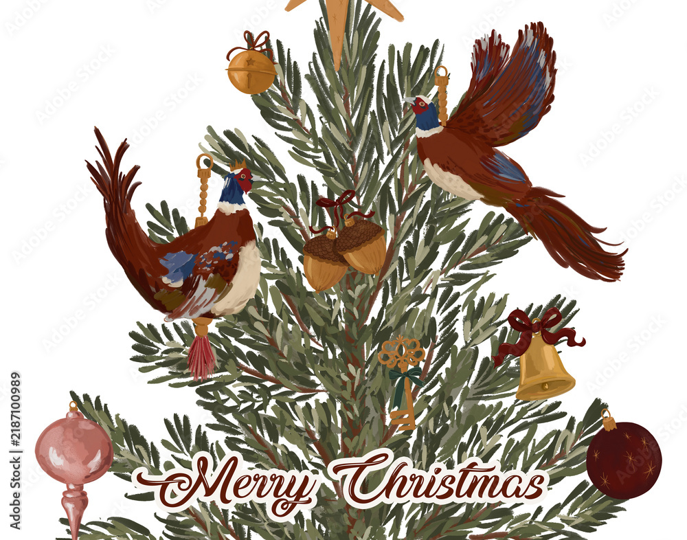 Obraz premium Christmas Tree with Pheasants and Vintage Ornaments