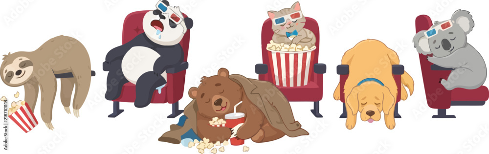 Fototapeta premium A collection of cute cartoon animals enjoying a movie theater experience together.