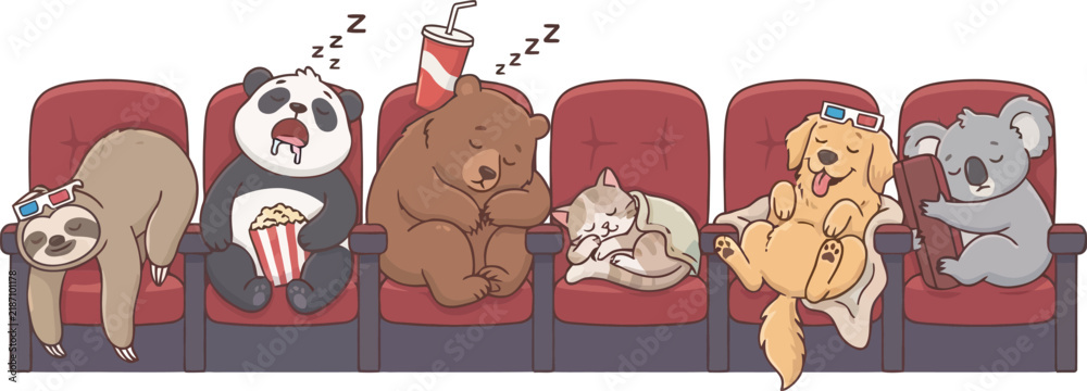 Obraz premium A group of diverse animals sitting in red theater seats watching a movie.