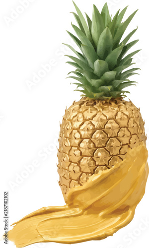Golden pineapple standing upright with metallic paint splash isolated on a transparent background