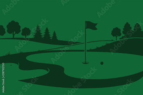 Golf Course Landscape Silhouette Vector Background with Flag, Hole, Ball, and Trees