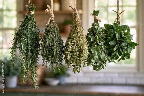 Rosemary thyme oregano and mint drying in farmhouse workroom