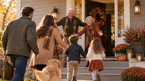 Large family meeting outside a welcoming home decorated for fall