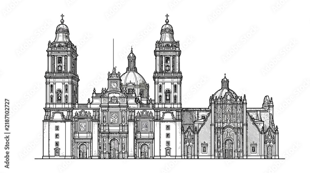 Fototapeta premium Detailed vector illustration of the historic Metropolitan Cathedral located in central Mexico City city center urban
