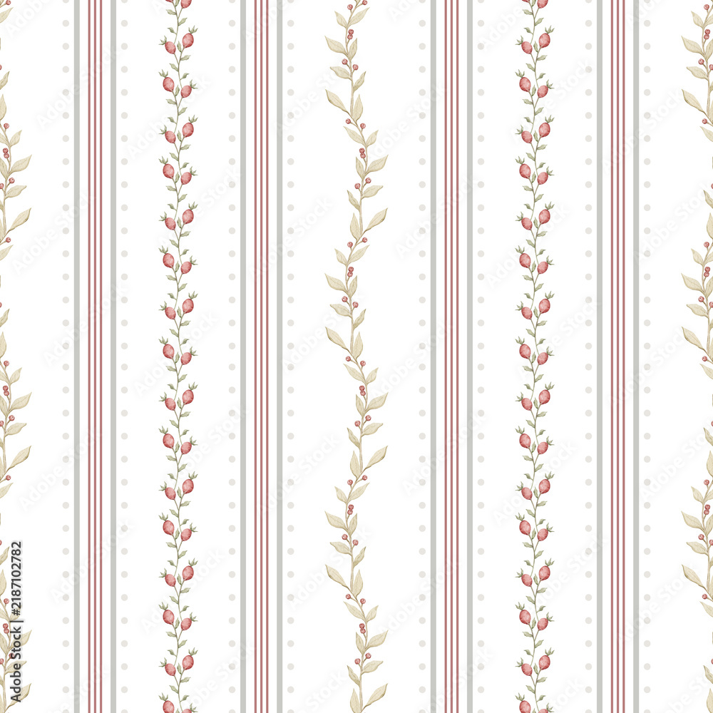 Obraz premium Seamless pattern with stripes, leaf and berries borders. Rosehip, autumn leaves. Vintage fall ornament