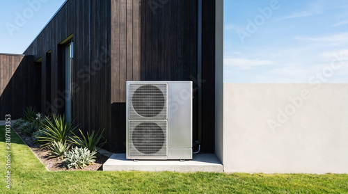 Modern sleek outdoor residential air to water heat pump hvac unit installed beside contemporary architectural wooden home facade next to landscaped green garden lawn.