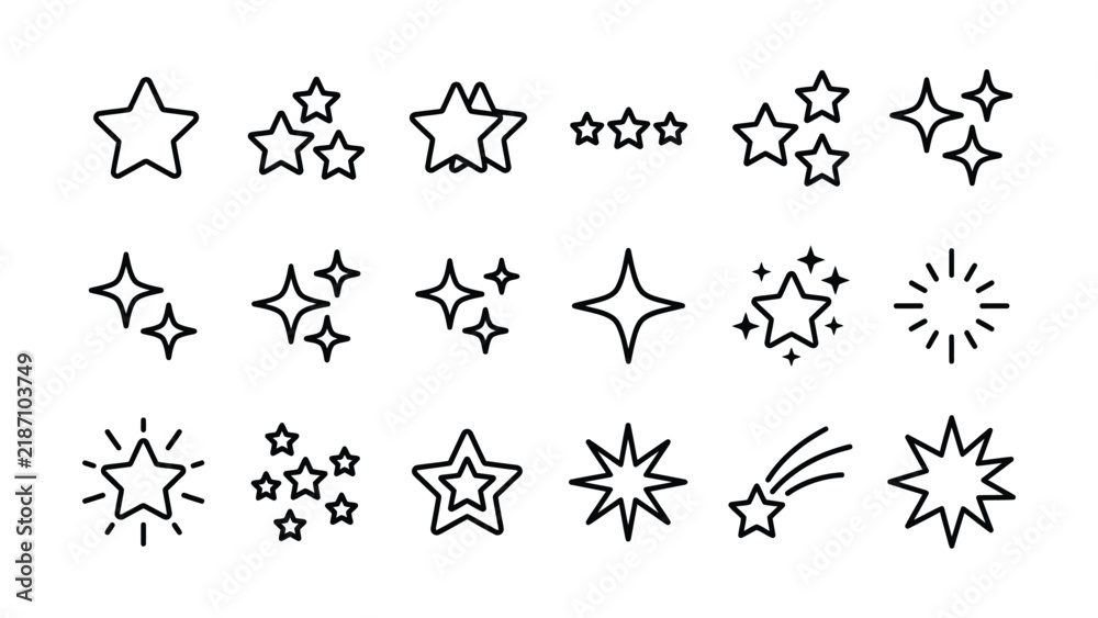 Fototapeta premium Set of diverse star icons and sparkling glisten shapes for web design projects