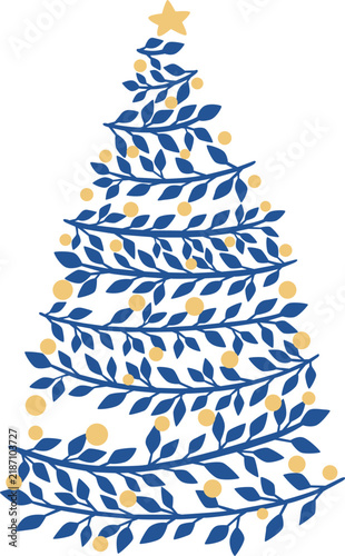 Christmas tree with Blue Bunch of leaves and Chistmas ball symbol illustration for Christmas holiday and new year event.