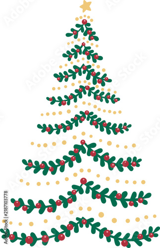 Christmas tree with fern leaves , garland and Red Berry symbol illustration for Christmas holiday and new year event.