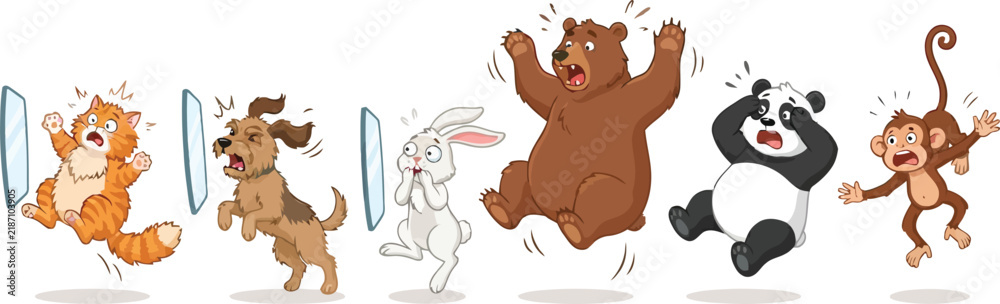 Obraz premium A collection of cartoon animals including a cat dog rabbit bear panda and monkey jumping in surprise.