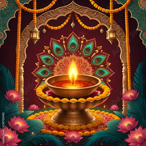 Diwali celebration greeting card with traditional lit diya oil lamp, lotus flowers, and peacock feather mandala background