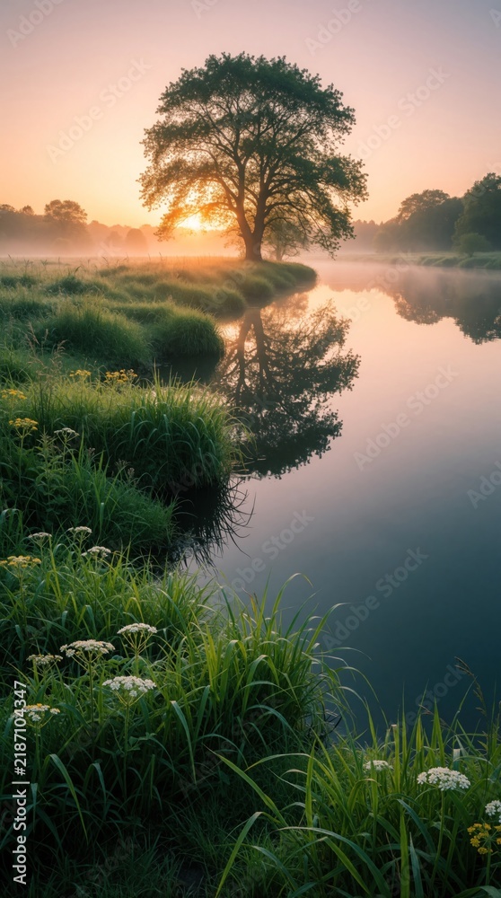Obraz premium Serene landscape with large tree near calm river at sunrise. Golden sun shines through branches over misty water. Green grass, wild flowers grow on river bank. Peaceful morning scenery with soft fog,