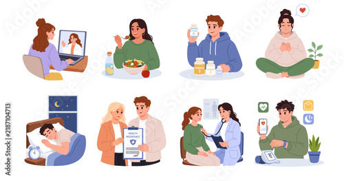 Healthcare and Wellness Illustration Collection with Telemedicine. Healthy Nutrition, Vitamins, Meditation, Sleep, Health Insurance and Digital Health Monitoring. Flat Vector Illustration.