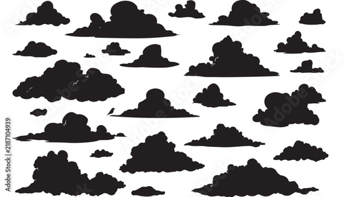 Decorative vector cloud silhouettes set featuring diverse organic shapes isolated on white background for creative design projects and modern graphic art