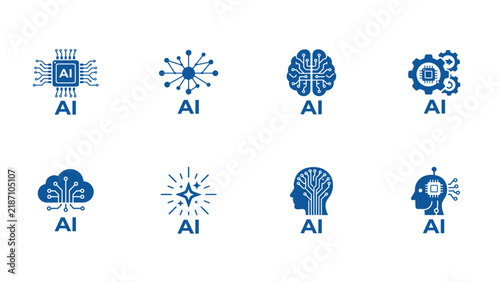 Artificial intelligence icon set featuring AI technology, machine learning, neural networks, automation, robotics, and digital innovation.