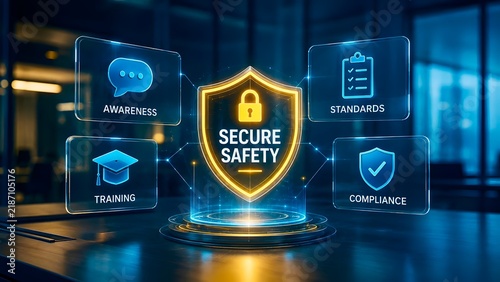 Futuristic 3D hologram dashboard displaying secure safety protocols with glowing glass panels for awareness, standards, training, and compliance in a modern office.