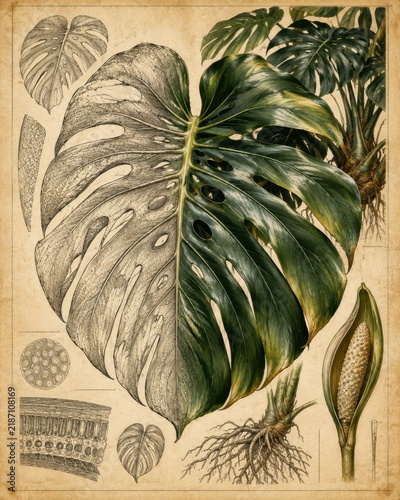Monstera leaf illustration in vintage botanical style with detailed anatomical drawings