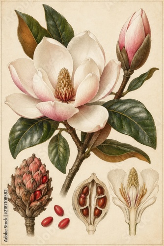 Vintage botanical illustration of a magnolia flower, showcasing its bloom, bud, seed pod, and cross-section