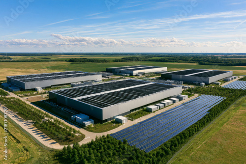 Sustainable data centre campus with solar power in green landscape