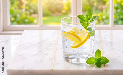 Glass of fresh cold detox water with lemon slices and mint leaves on a white marble board, morning light and window background, minimalist healthy lifestyle concept
