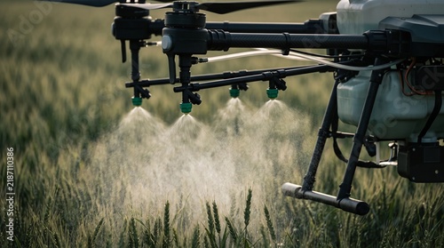 Agricultural spraying drone hovering above green crop field performing precision farming