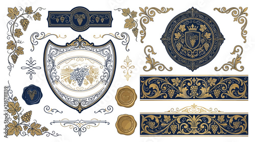 Elegant Vintage Winery Ornaments: Grapes, Crests, Labels, Wax Seals