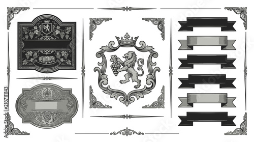 Heraldic Crests and Banners Vector Elements, Ornate Design, Isolated