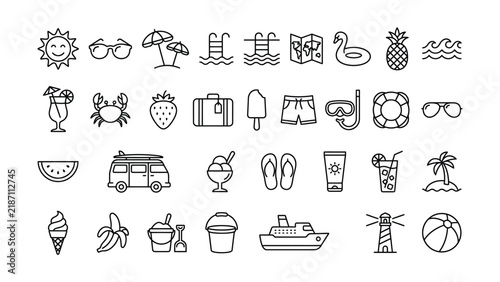 Set of summer vacation and beach travel related thin line icons