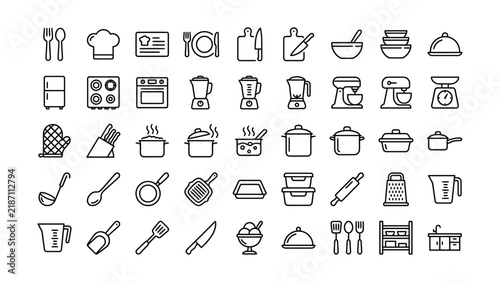 Set of thin line icons for cooking kitchenware and culinary equipment symbols