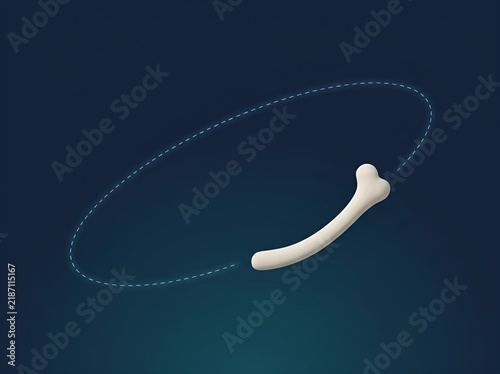 Abstract 3D rendering of a single white skeletal rib bone following an elliptical dashed path isolated on a dark gradient background representing organic motion