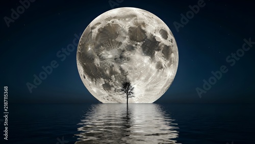 Full moon rising over water with lone tree silhouette. Giant celestial body reflecting on calm ocean surface under starry night sky. Surreal landscape photo