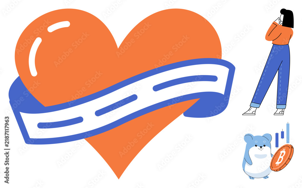 Fototapeta premium Heart with road ribbon, woman thinking, and hamster holding bitcoin vector illustration. Love, travel, finance, cryptocurrency, investment, planning. Cardiac symbol with highway banner