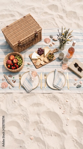 Beach picnic setup on sand flat lay