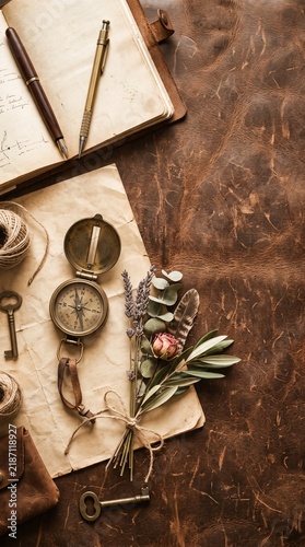 Travel planning desk flat lay