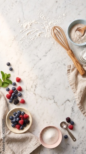 Baking ingredients on marble surface flat lay