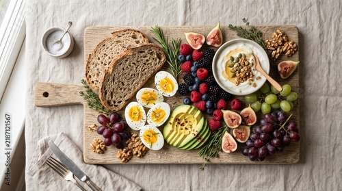 Rustic breakfast grazing board with boiled eggs and fresh fruit. Healthy brunch platter on wooden board. Mediterranean breakfast spread.