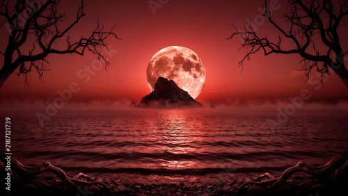 Blood moon rising over dark island. Red full moon in night sky above sea water. Silhouette of dead trees and rocks. Gothic landscape illustration