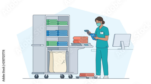 Healthcare worker scanning medical supplies with scanner from cart