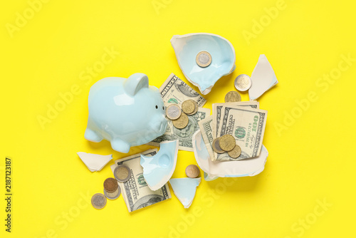 Fotografía Financial crisis and bankruptcy, broken piggy bank with us dollar bills and coin