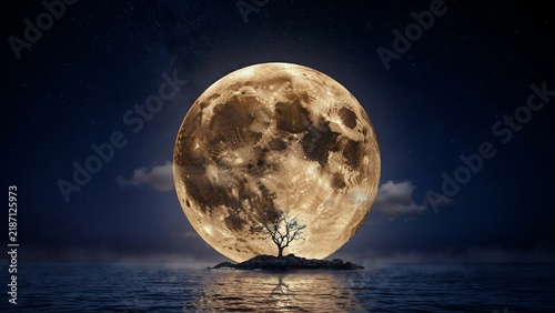Full moon rising over ocean with lone tree silhouette. Giant golden moon over calm sea water. Night sky with stars and clouds